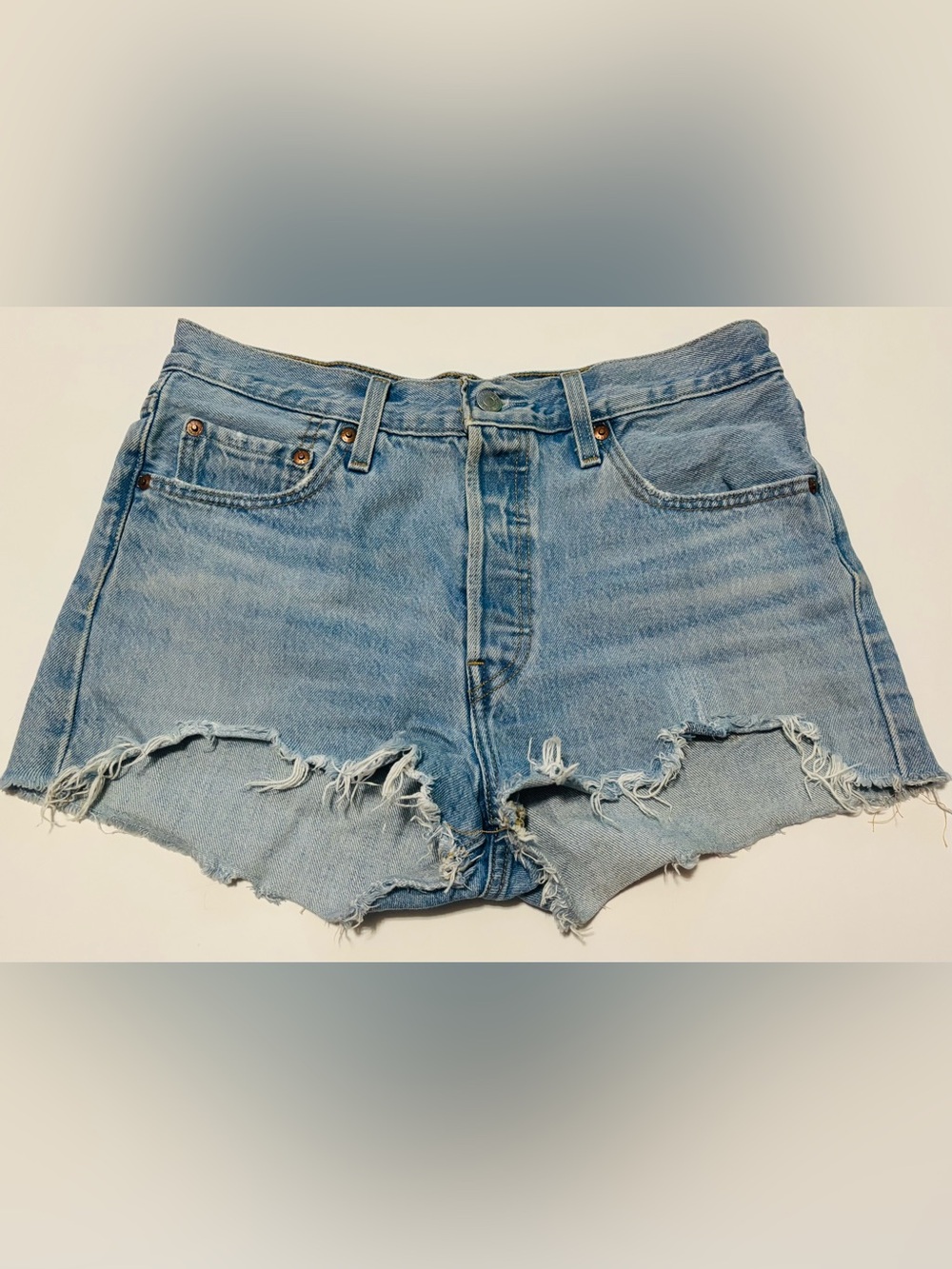Levi's 501 Light Blue Distressed Denim Shorts